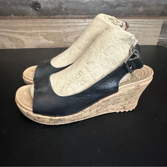 Crocs Womens A Leigh Leather Peep Toe Slingback Cork Wedge Sandals Black Size 6 - Picture 2 of 9